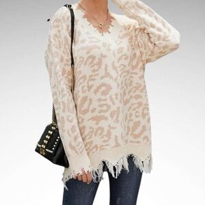 Leani Animal Print Ripped Pullover Sweater Long Sleeves